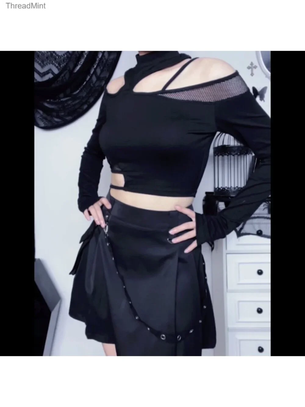 Goth Black Pleated Mini Skirt with Chain High Waisted Tennis Skirt